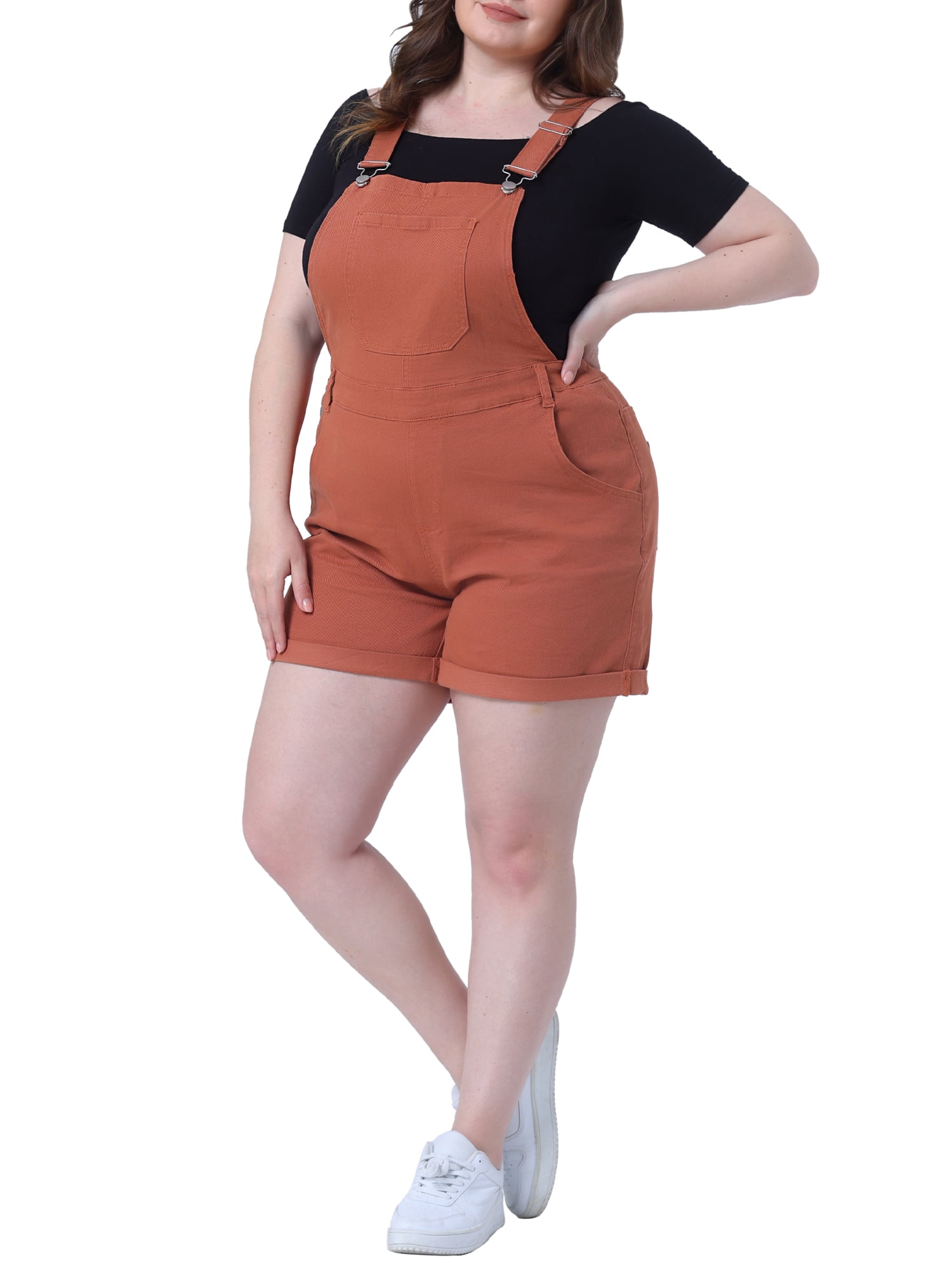 Unique Bargains Women's Plus Size Jumpsuit Roll Hem Pocket Denim Overalls 3X Caramel