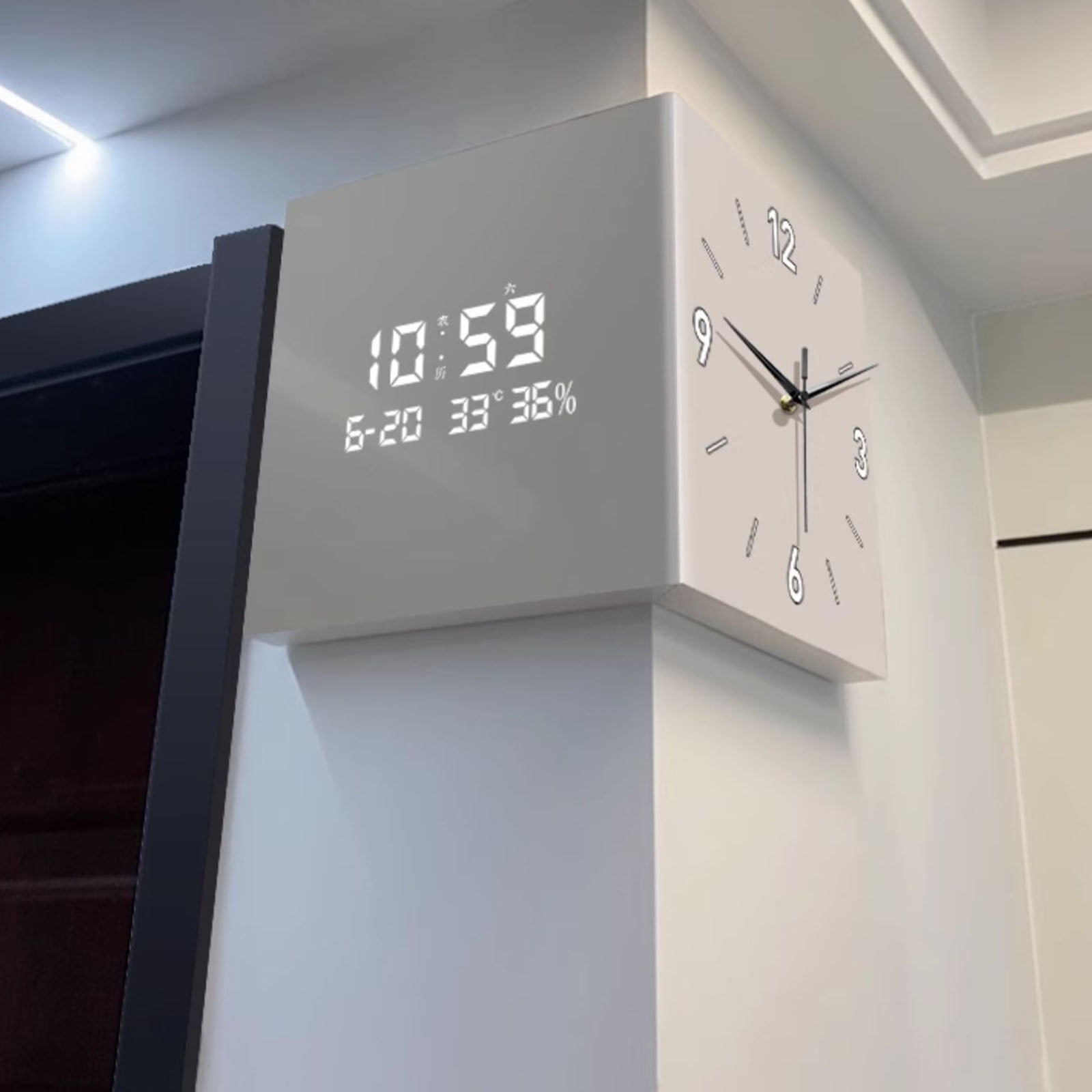 URTERYSER Double Sided Corner Wall Clock Easy To Read Square Designs Digital Display Wall Clock for Living Room and Office Decors Light Gray