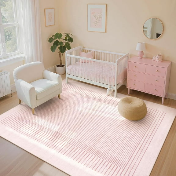 Washable Striped Living Room Area Rug 5x7, Non-Slip Berber Stripe Pink Area Rugs for Bedroom Girls, Low Pile Soft Large Throw Carpet for Kids Nursery Room (Pink,5' x 7')