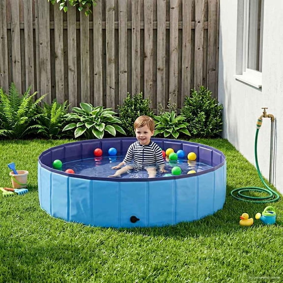 Foldable Kids Swimming Pool, 47.24" x 11.81" Round PVC Kiddie Pool, Portable Outdoor Pet Bathing Tub with Quick Drain Valve for Backyard, Patio-Blue