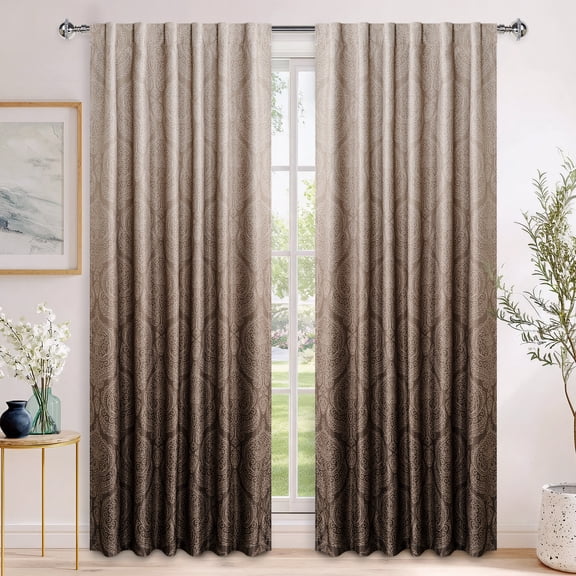 Hiasan Brown Blackout Curtains 84 inches Length - Ombre Damask Patterned Back Tab/Rod Pocket Window Drapes with Tiebacks Thermal Insulted Curtains for Bedroom/Living Room, 2 Panels, W52 x L84