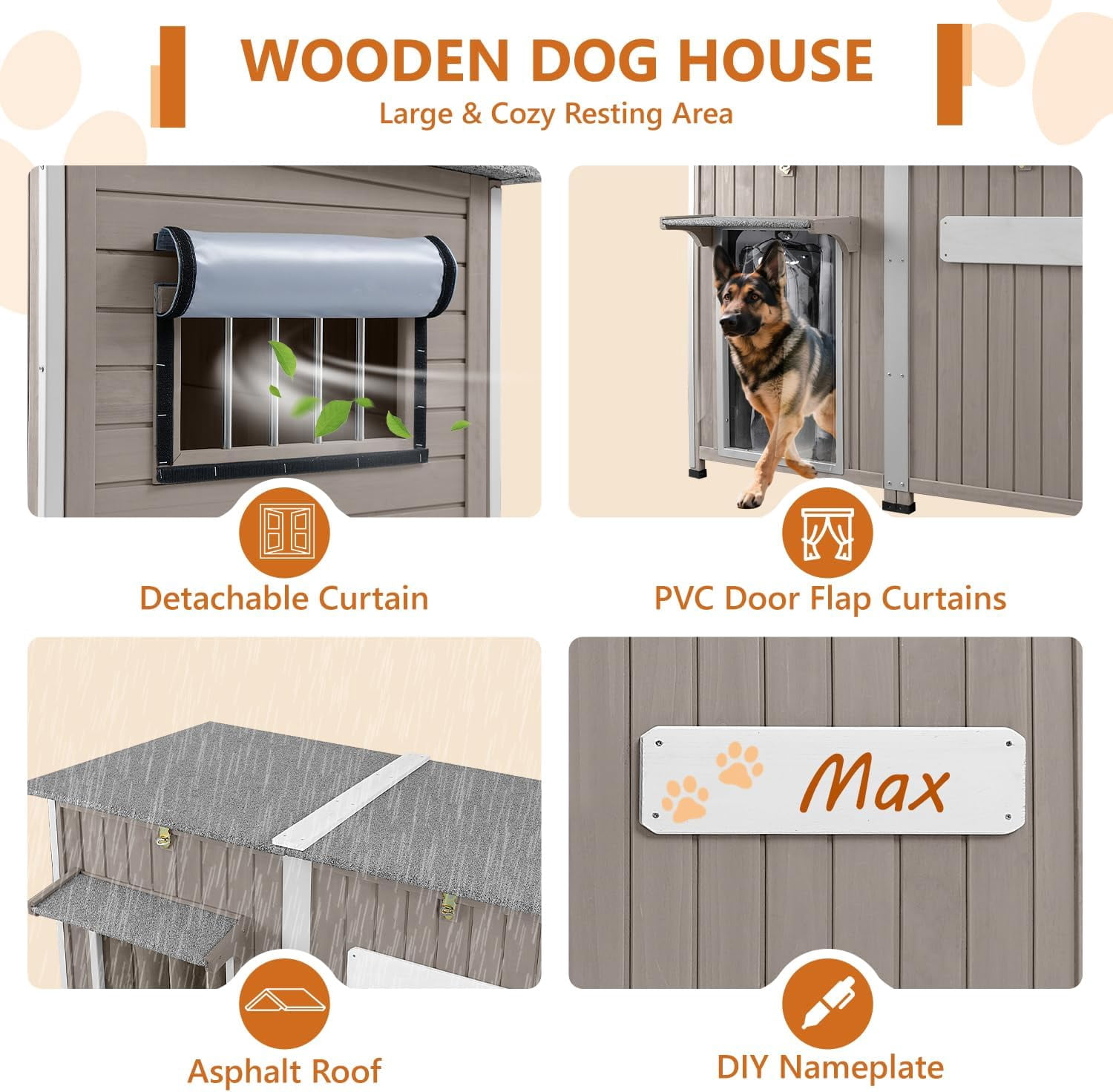 PETSCOSSET 55"L Outdoor Wooden Dog House with Weatherproof Asphalt Roof,  for Medium to Large Dogs