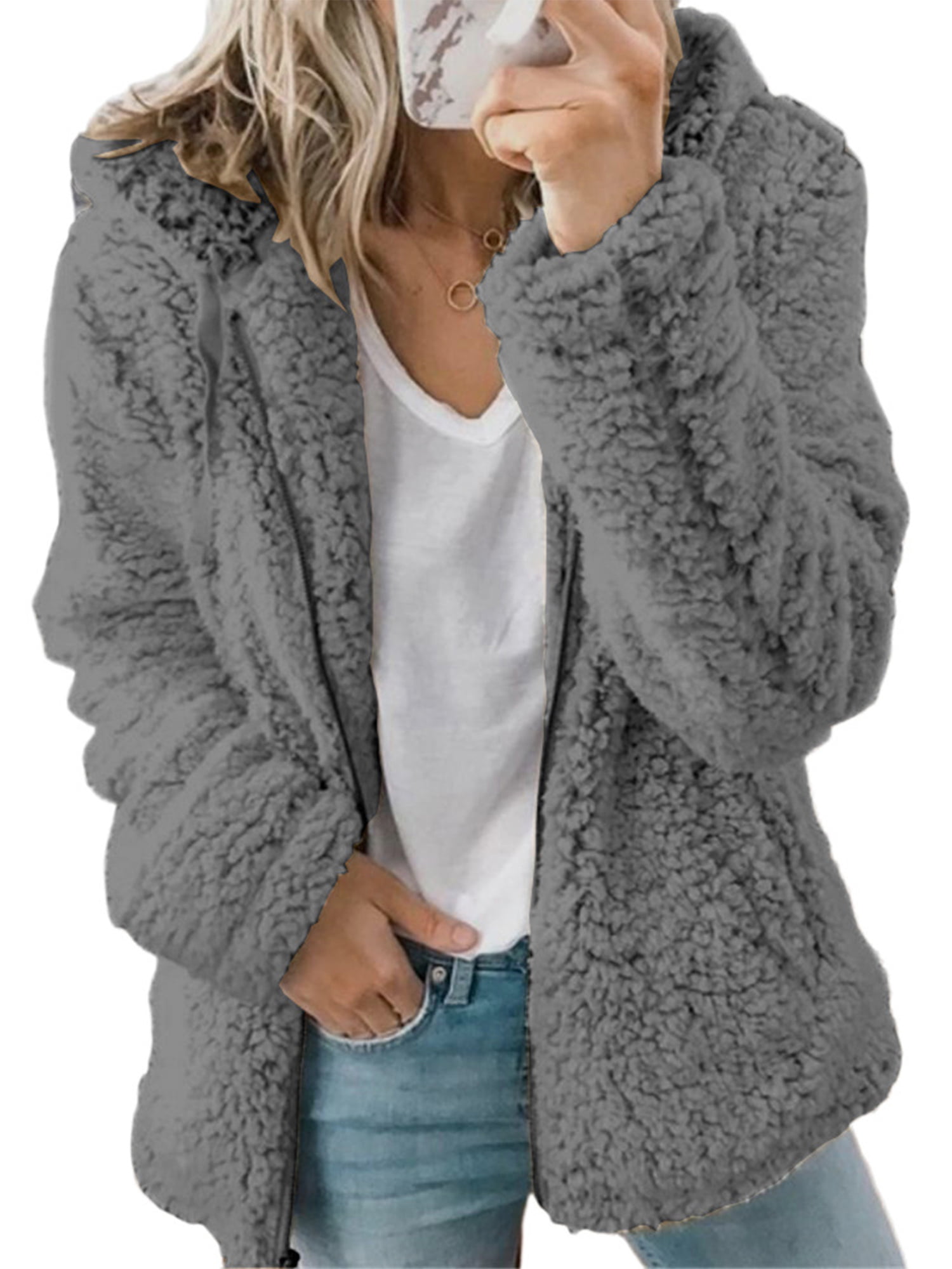 Teddy Bear Jacket Womens Casual Pure Color Fleece Hooded Tunic Button Down Cute Hoodie Winter Warm Coat Outerwear