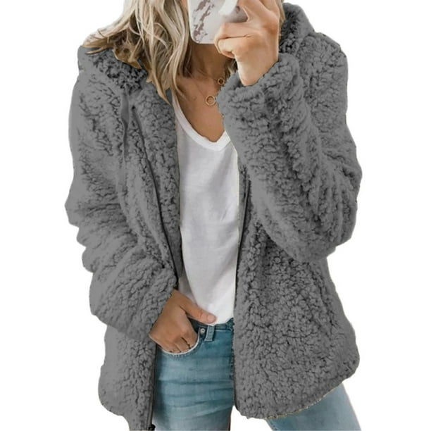 Women Casual Fluffy Fleece Jacket Long Sleeve Zip Up Hooded Sweatshirt ...