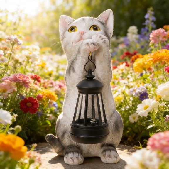 10 Inch Cat Garden Statue with Solar Lantern,Solar Statue,Resin Decor for Patio, Lawn & Outdoor Spaces