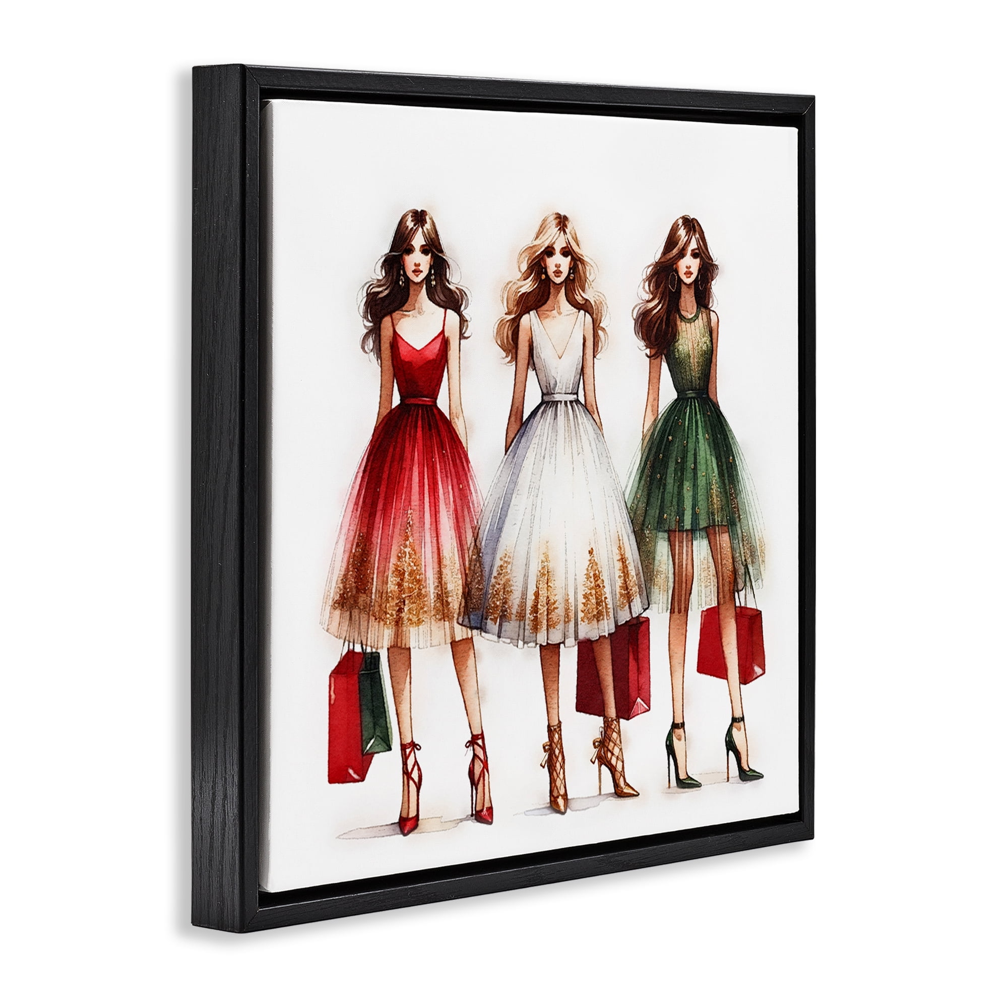 Stupell Industries Trendy Christmas Girls Holiday Painting Black Floater Framed Canvas Art Prints Wall Art, 18 x 18