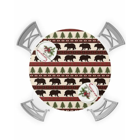 

Round Tablecloth with Elastic Christmas Tree Bear Red Striped Background Waterproof Stain-proof Table Cover Wipeable Fitted Table Cloths for 36 -44 Round Tables Dining Kitchen Indoor Outdoor Use