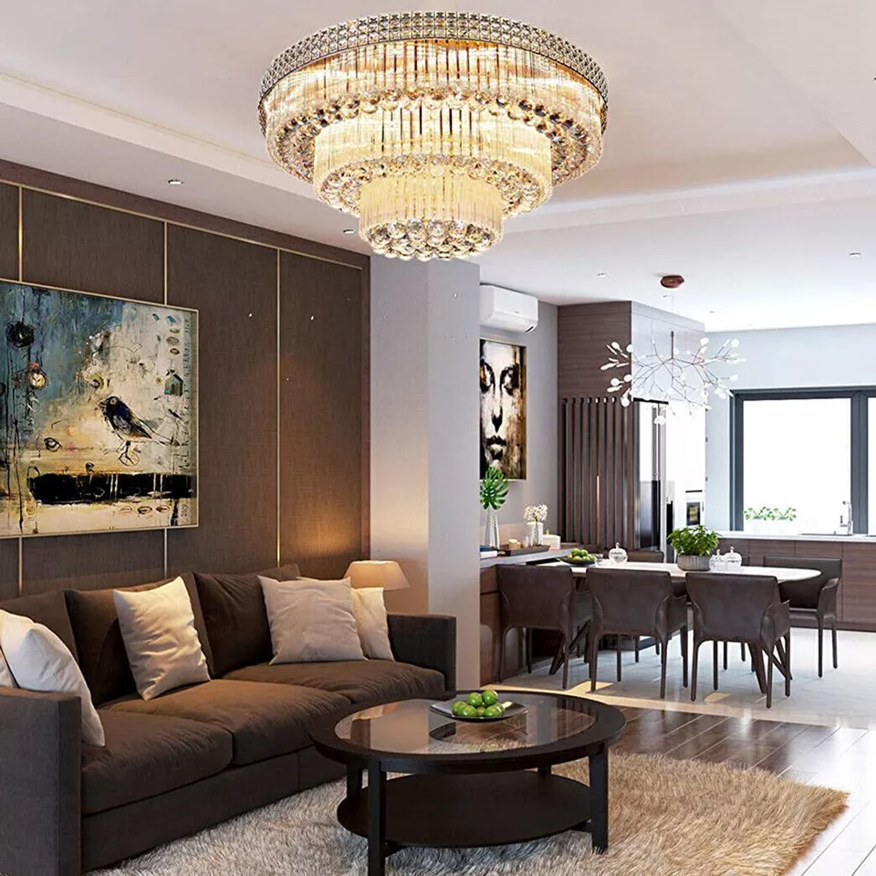 LUOLAX 31.5" Modern K9 Crystal Chandelier Flush Mount LED Ceiling Light Pendant Fixture