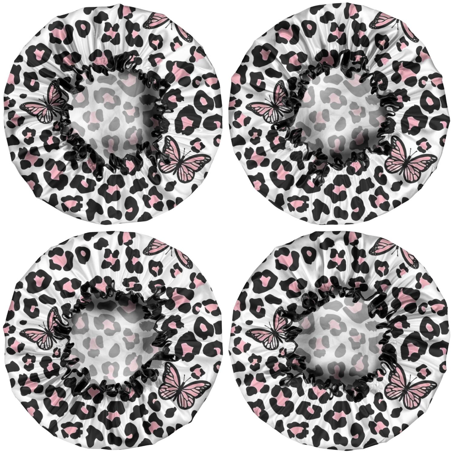 Shower Caps,Pink Leopard Butterfly Pattern Waterproof Shower Cap for Women 4 Pieces,Double Reusable Hair Cover for Shower PEVA Elastic Stretch Hem