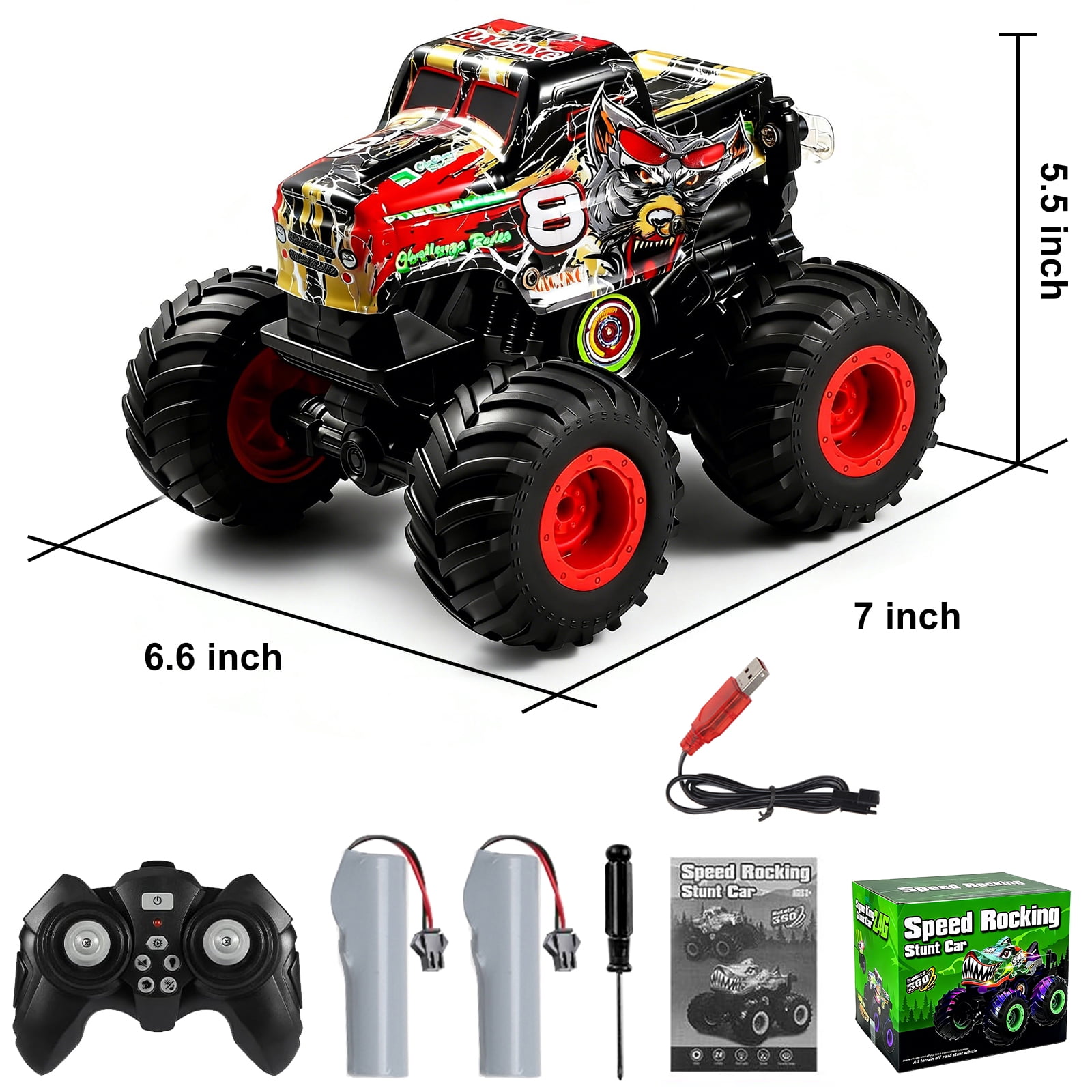 VKFVKF RC Monster Trucks, Remote Control Car with Light & Sound, 360° Rotating RC Stunt Car for Boys