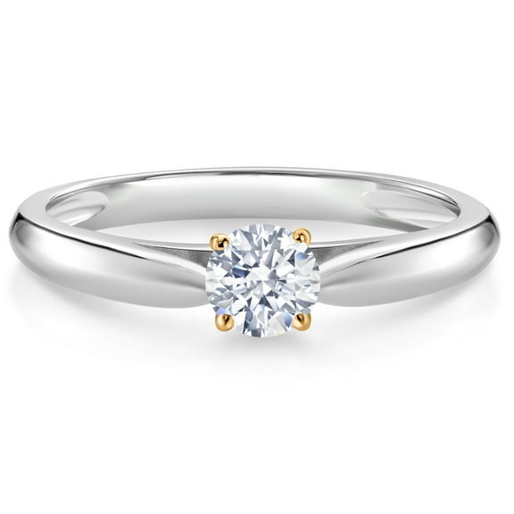 Gem Stone King 925 Silver and 10K Yellow Gold Ring White Zirconia Solitaire Engagement Ring for Women (0.25 Cttw, Gemstone, Round 4MM, Size 8)