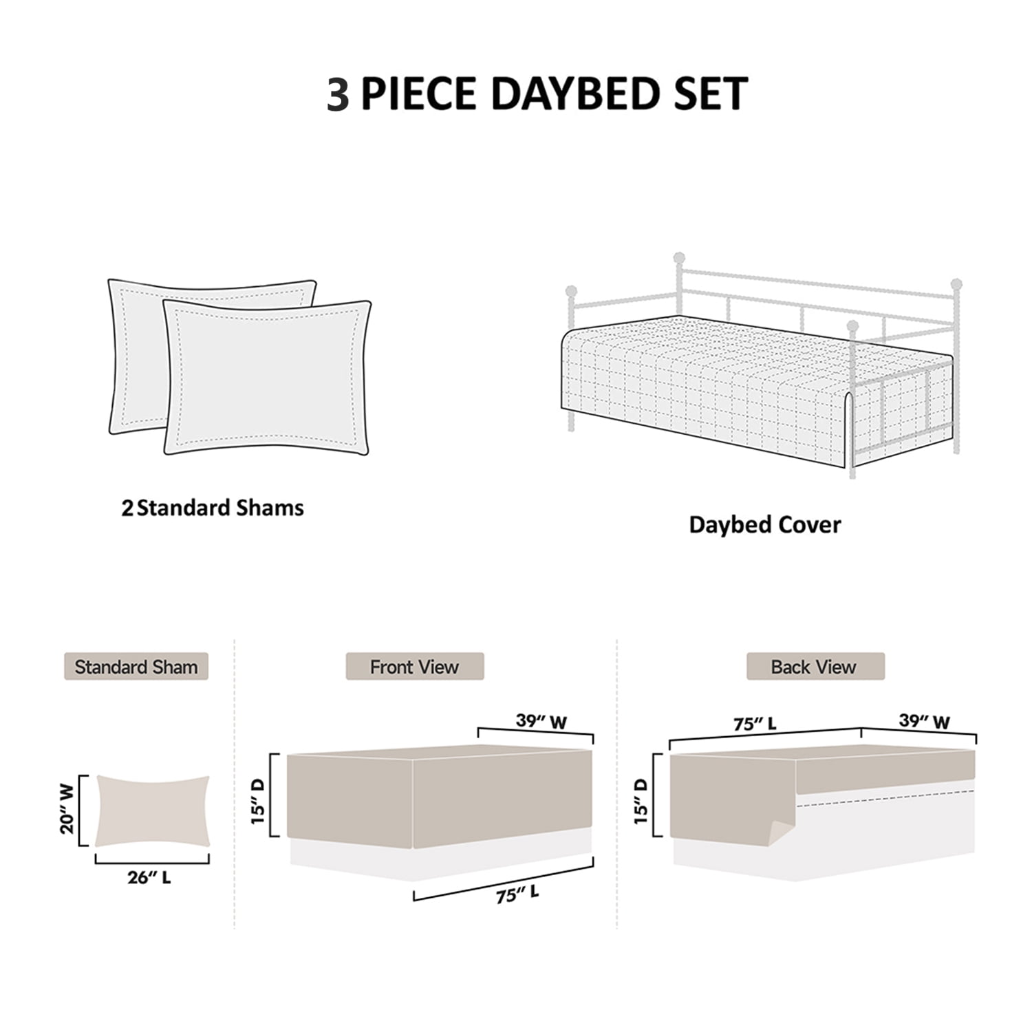 Smuge 3 Piece Christmas Daybed Cover Set, 39"x75" Bell Santa Claus Elk Double Sided Quilting Classic Design, Matching 2 Shams