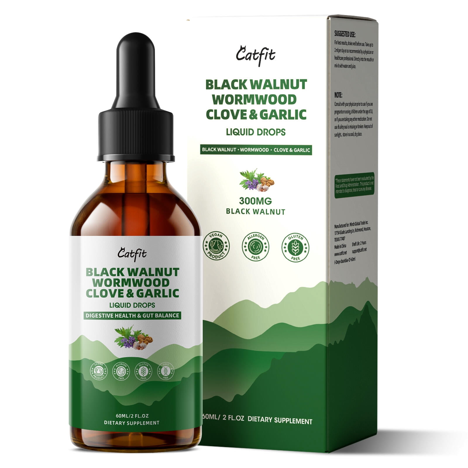 Black Walnut Wormwood Clove & Garlic Liquid Drops, Support Gut Cleanse & Digestive Health, 2 fl oz
