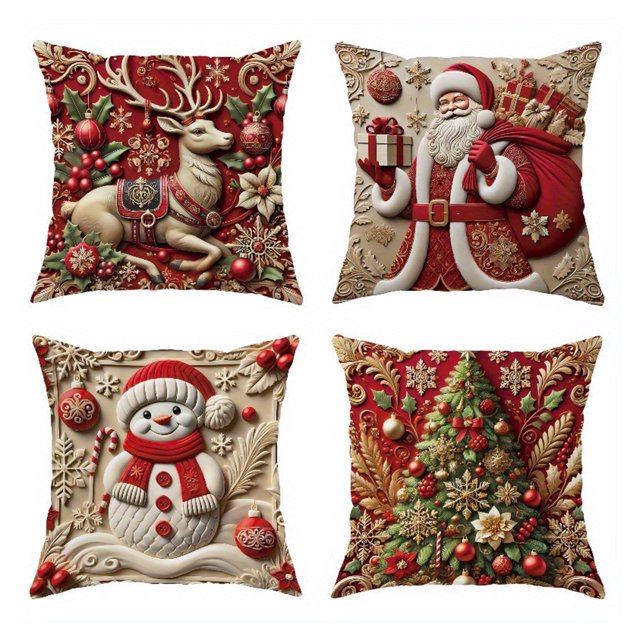 Funda de cojín navideña de 18 x 18 pulgadas con renos de Papá Noel y cremallera oculta, funda de cojín con árbol y muñeco de nieve