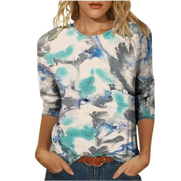 IROINNID Discount Long Sleeve T-Shirts for Women Printed T-shirt 3/4 Sleeves Round Neck Lounge Tops,Sky Blue