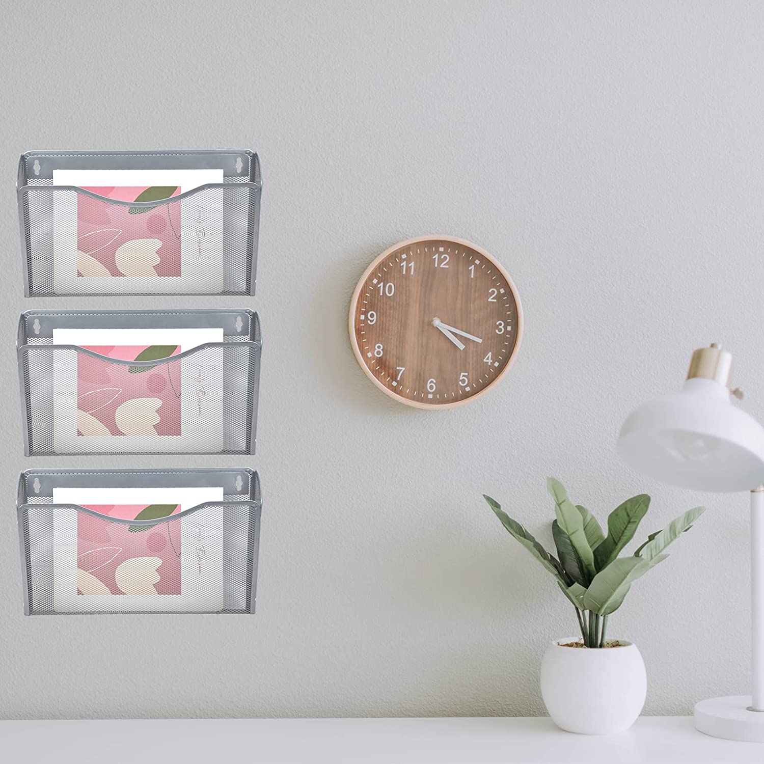 Wall Mount File Organizer Single Pocket Vertical Hanging File Folders Holder Paper Rack for Office Home, Silver