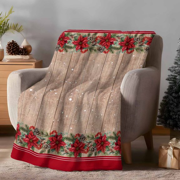 Throw Blanket Fleece Throw Blanket 40x50in, Christmas Poinsettia Flowers Soft Lightweight Bed Blankets Retro Farm Wood Board Fuzzy Couch Blankets for All Season