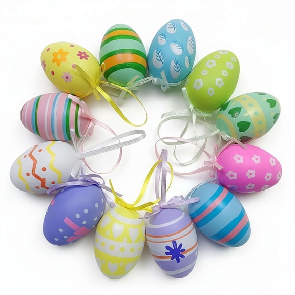 12 Pcs Easter Hanging Eggs, Colorful Plastic Easter Egg Hanging Ornaments, Decorative Hand Painted Ball DIY Crafts Tree Ornaments for Decoration