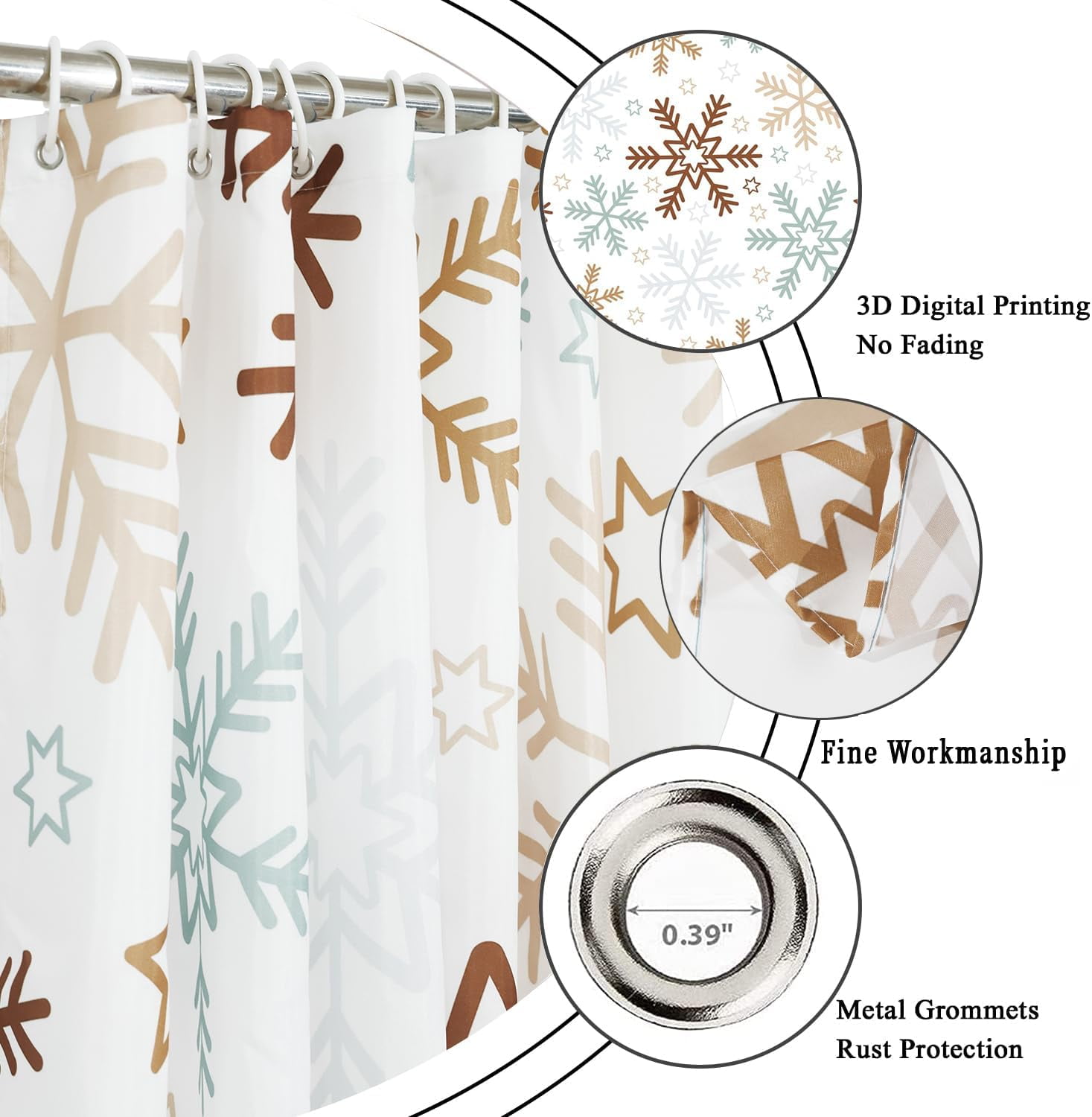 Christmas Shower Curtain, Blue and Brown Xmas Snowflake White Background Winter New Year Holiday Bathroom Curtain Waterproof Fabric Machine Washable with Hooks, 72" Wx84 L