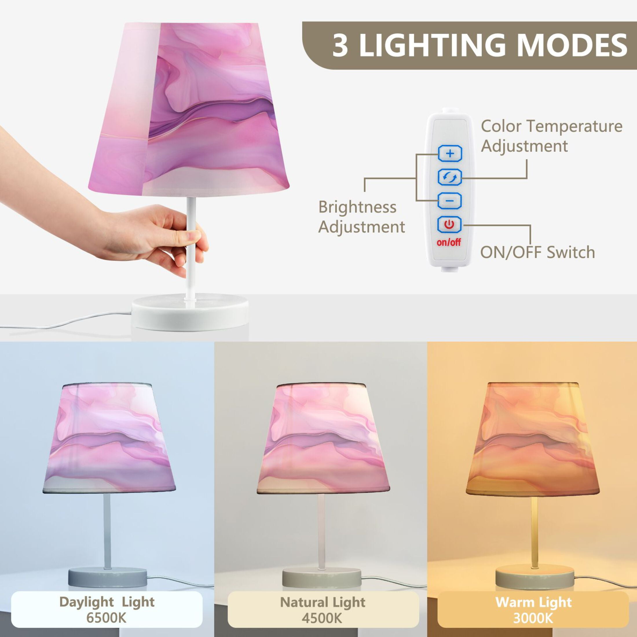 Pink Purple Marble Desk Lamp LED Table Nightstand Lamps with 3 Color Temperatures for Home Bedroom Living Room Decor 6x11
