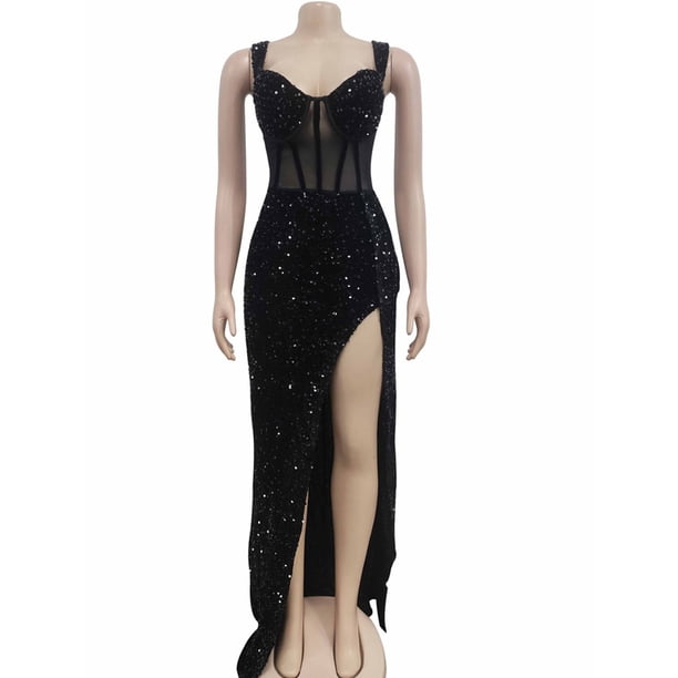 Kricesseen Elegant Mesh Sequins Velvet Maxi Dress New Glam Women Spaghetti Strap High Split Birthday Clubwear Long DressXXL Gao Jinjia LED
