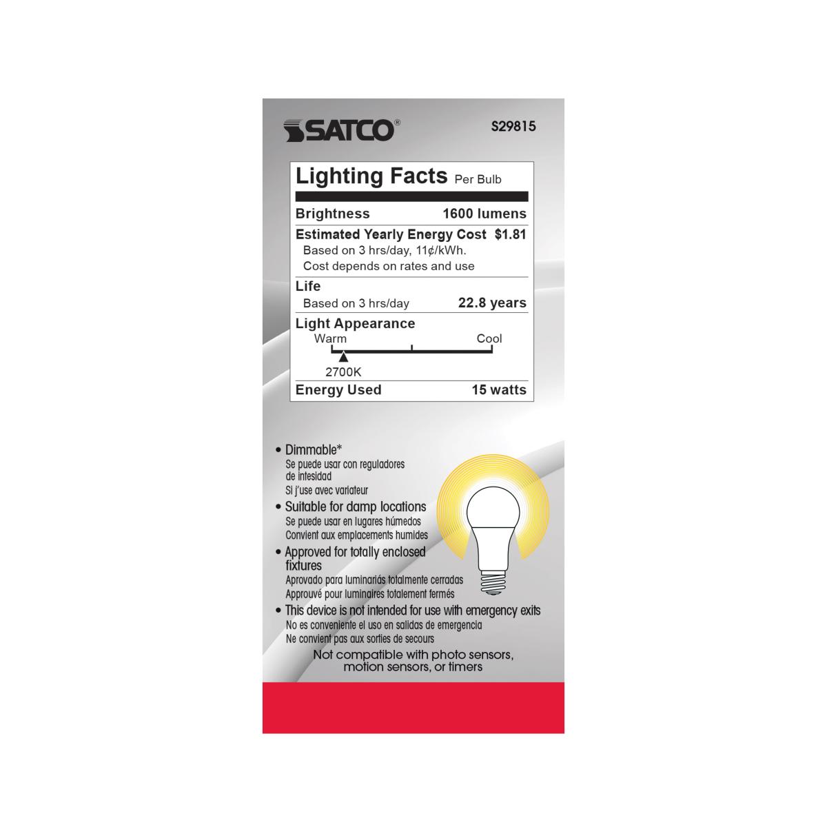 Satco S29815 15W A19 LED Bulb, E26 Medium Base, Frosted, 2700K, 120V, Dimmable, 6 Pack