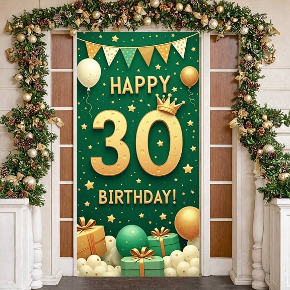 Golden Number 30th Birthday Banner Crown Design Display Green Background Star Pattern Party Backdrop for 30th Birthday Party Adult Celebration Indoor Decoration