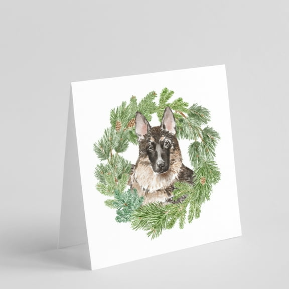 German Shepherd with Christmas Wreath Square Greeting Cards and Envelopes Pack of 8 5 in x 5 in