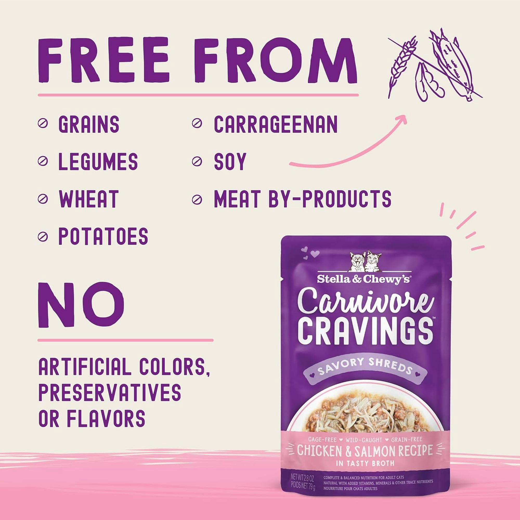 Stella & Chewy's Wet Food for Cats - Carnivore Cravings Chicken & Salmon Recipe - 2.8 Ounce Pouch/12 ct