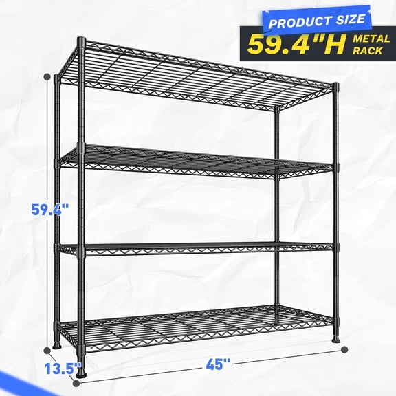 REIBII 4-Tier Heavy Duty Metal Wire Shelving Unit,800lbs Capacity Adjustable Steel Storage Rack for Garage, Kitchen & Pantry,45 "W x 59.4 "H x 13.5 "D