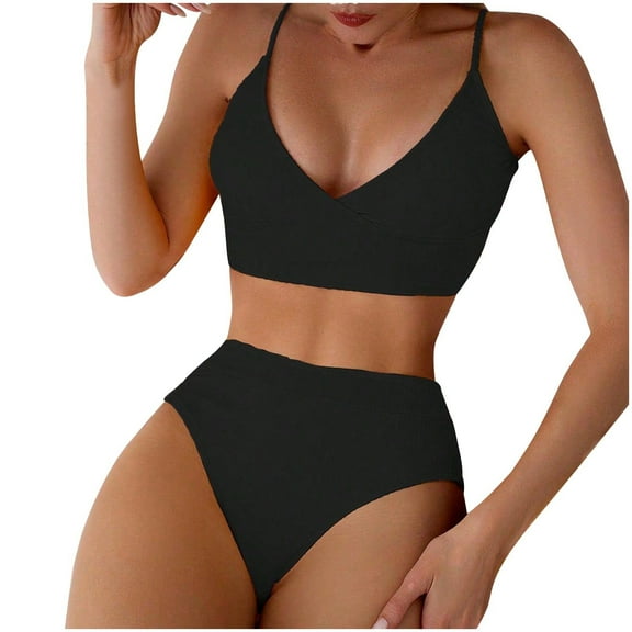 ZQGJB Women's Bikini Sets Two Piece Bathing Suit High Waisted Twist Adjustable Straps V Neck Textured Beach Swimwear(Black,L)