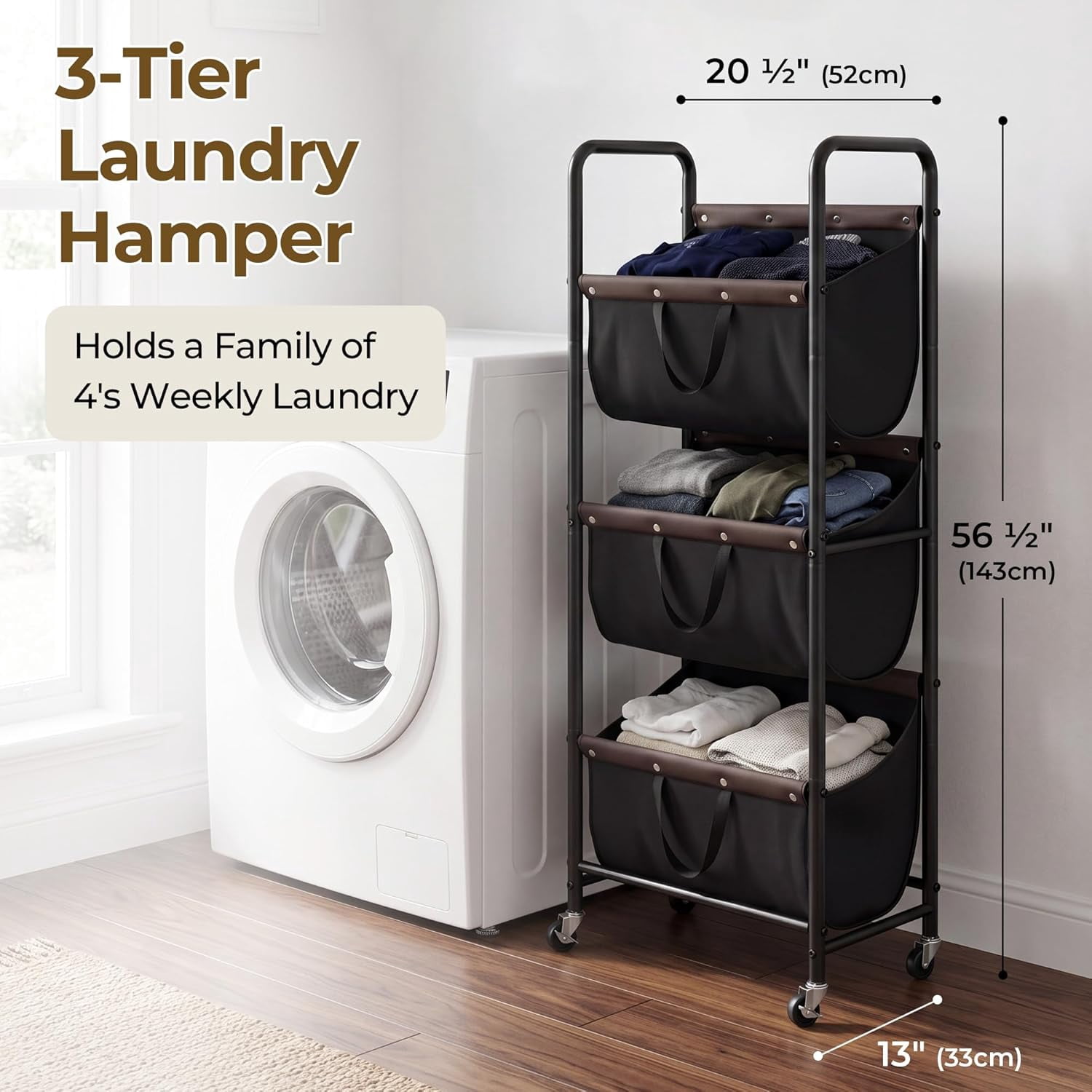GRANNY SAYS 3-Tier Laundry Hamper Sorter, 3 Section Laundry Basket with Wheels for Laundry Room, Dorm, Bathroom & Closet, Black