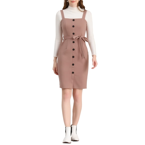 INSPIRAR CHIC Vestido de tirantes con botón decorativo y lazo en la cintura S Rosa