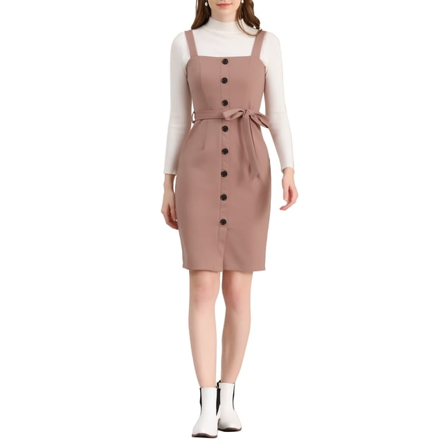 INSPIRAR CHIC Vestido de tirantes con botón decorativo y lazo en la cintura S Rosa