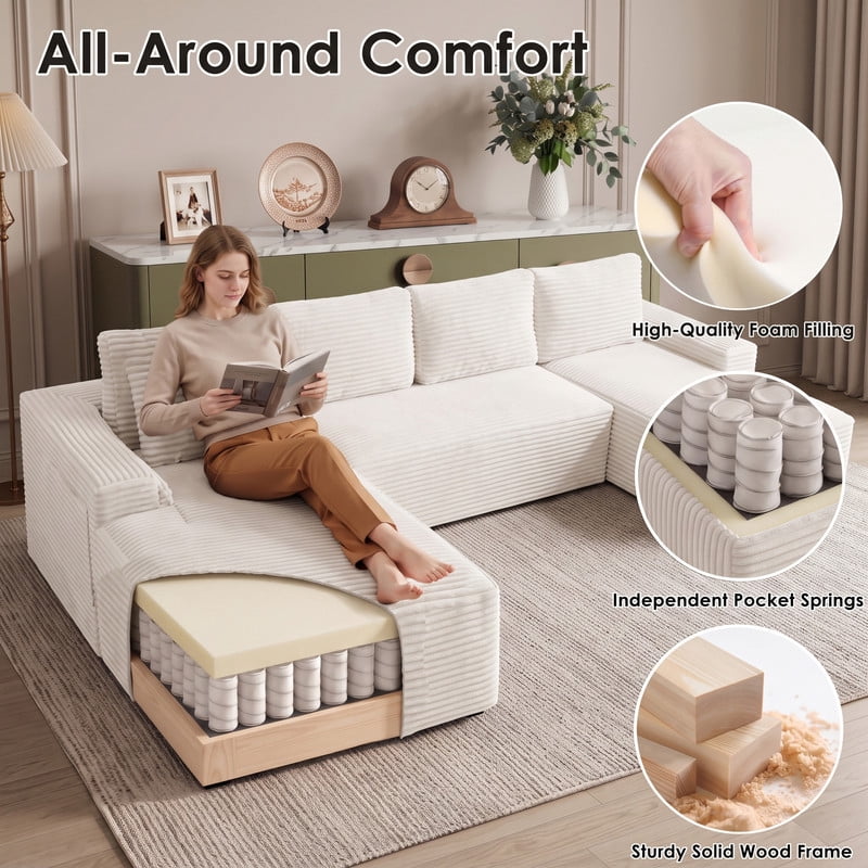 Anpport 133" Boneless Cloud Modular Sectional Couch, Corduroy Sofa with Cup Holders, Side Pockets, Deep Seat, No Assembly Required for Living Room, White (U‑Shaped)
