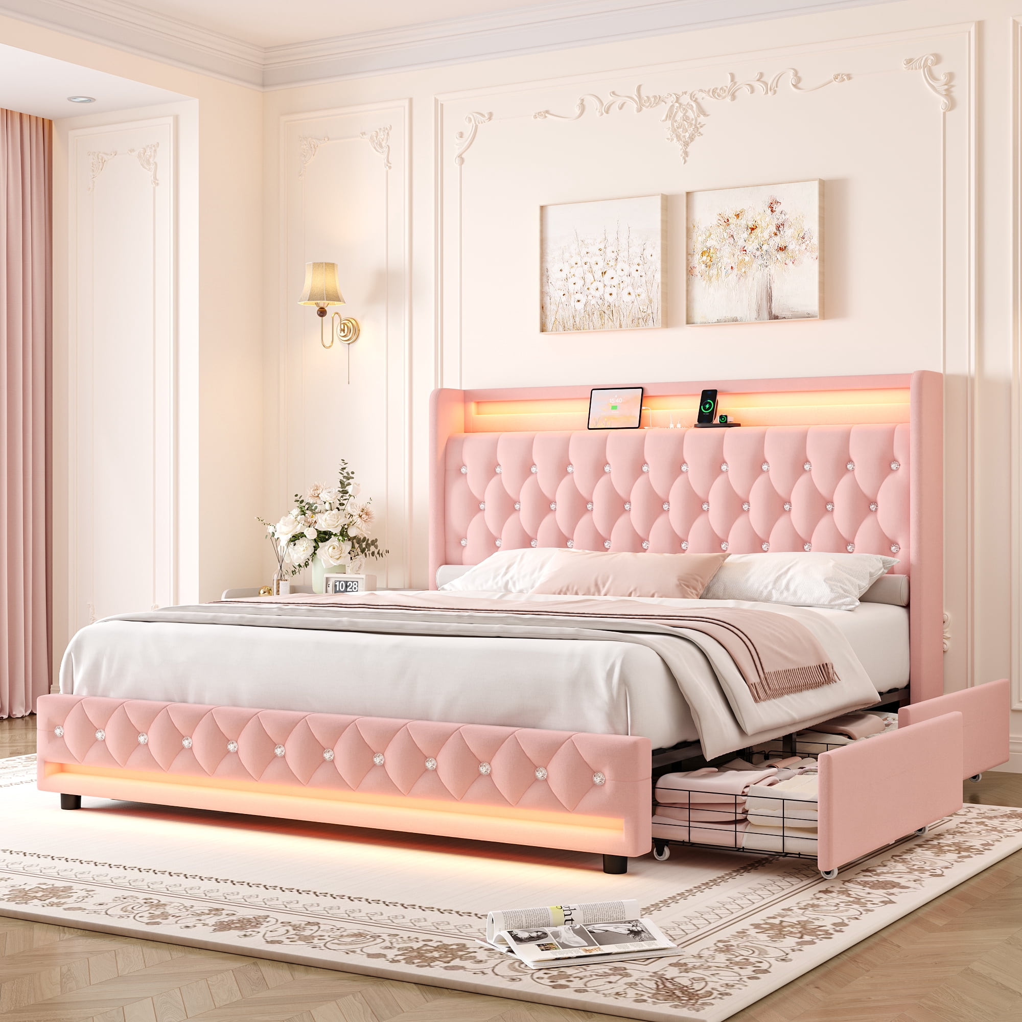 Homfa King Size LED Bed Frame with 4 Storage Drawers, Modern Wingback Crystal Button Tufted Upholstered Platform Bed Frame with Outlets and USB Ports & Display Platform, Pink