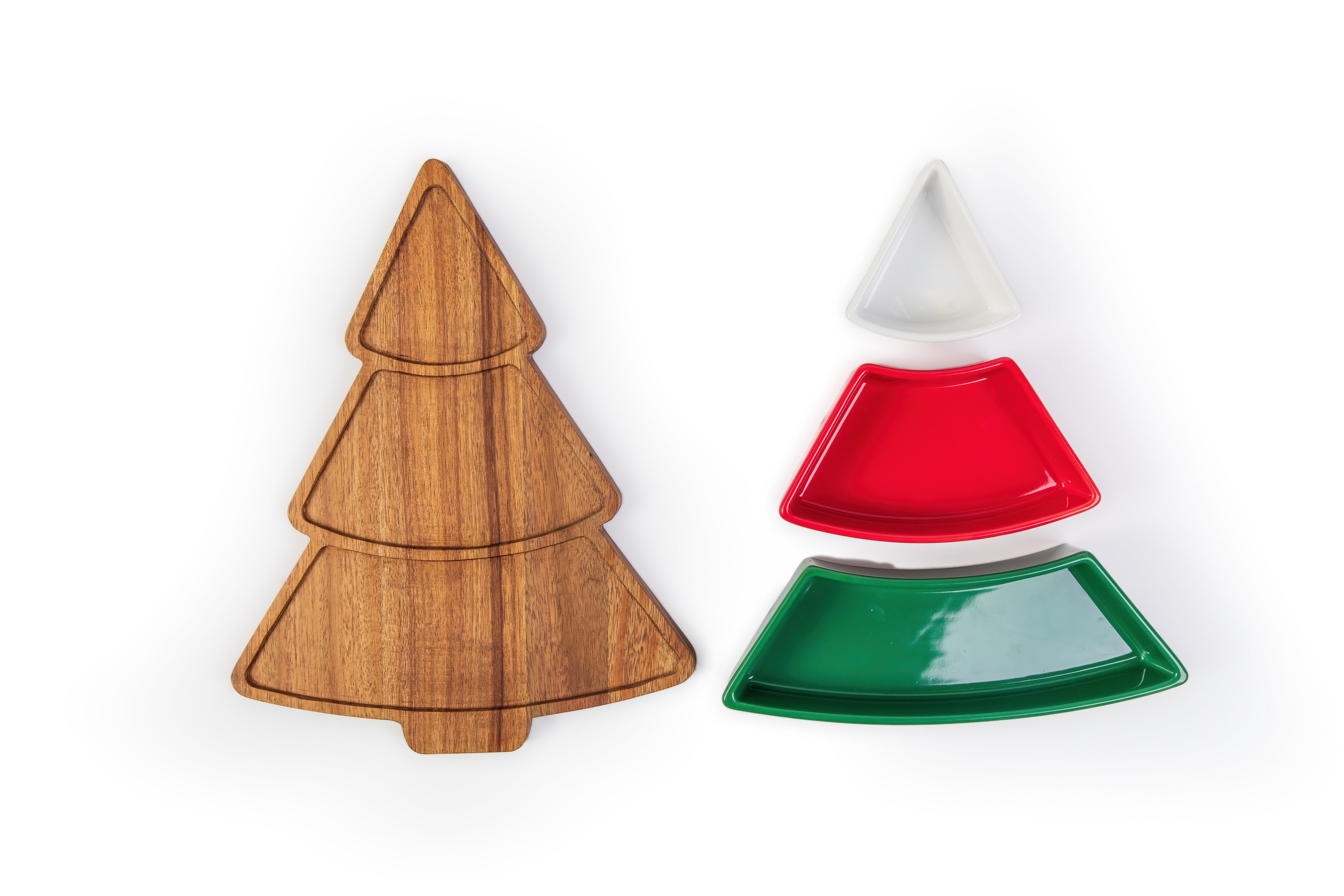 Holiday Time Acacia Wood Christmas Tree Charcuterie Tray with Ceramic Bowls, 12.76 x 10.2 x 2.05 in