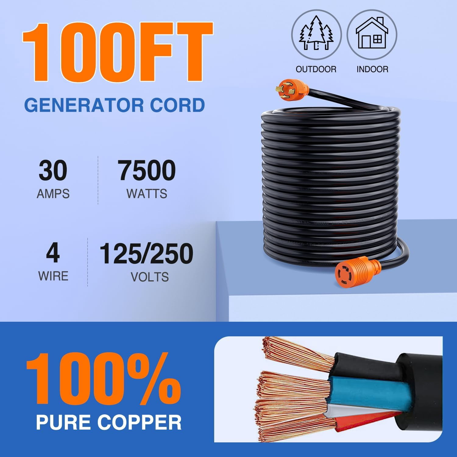 Nilight 30A 100FT Generator Extension Cord 125/250V 7500W Heavy Duty 10 Gauge Pure Copper STW Wire ETL Listed 4 Prong L14-30P L14-30R Cable for RV Camper