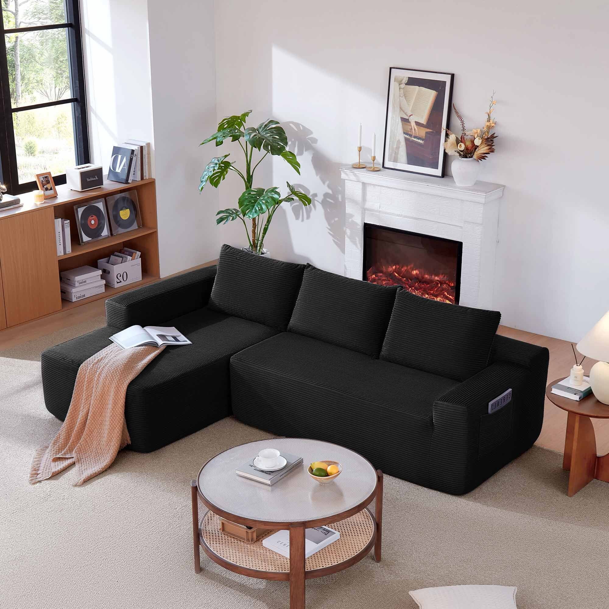 Lunale L-Shaped Modular Sectional Sofa with Movable Chaise, 3-Seater Boneless Cloud Couch for Living Room, Black(Left Facing Chaise)