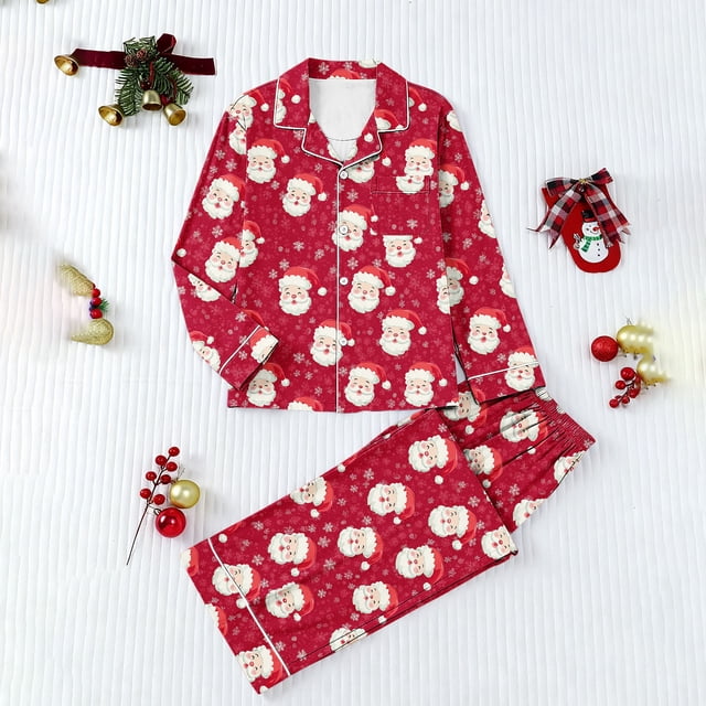 Puyaiuu Women 2 Piece Christmas Satin Pajama Set Cute Print Long Shirt Loose Shorts Matching Set Loungewear Gift