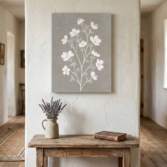 Farmhouse Floral Canvas Wall Art for Living Room Bedroom Bathroom, Vintage White Blossom Wildflower Light Grey Canvas Art Wall Decor, Artwork for Walls Home Office Decor, 8"x12"