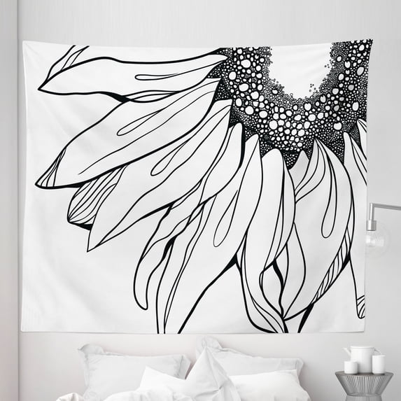Leaf Tapestry, Part of a Sunflower in Black and White Botanical Garden Agricultural Growth Theme, Fabric Wall Hanging Decor for Bedroom Living Room Dorm, 5 Sizes, Black White, by Ambesonne