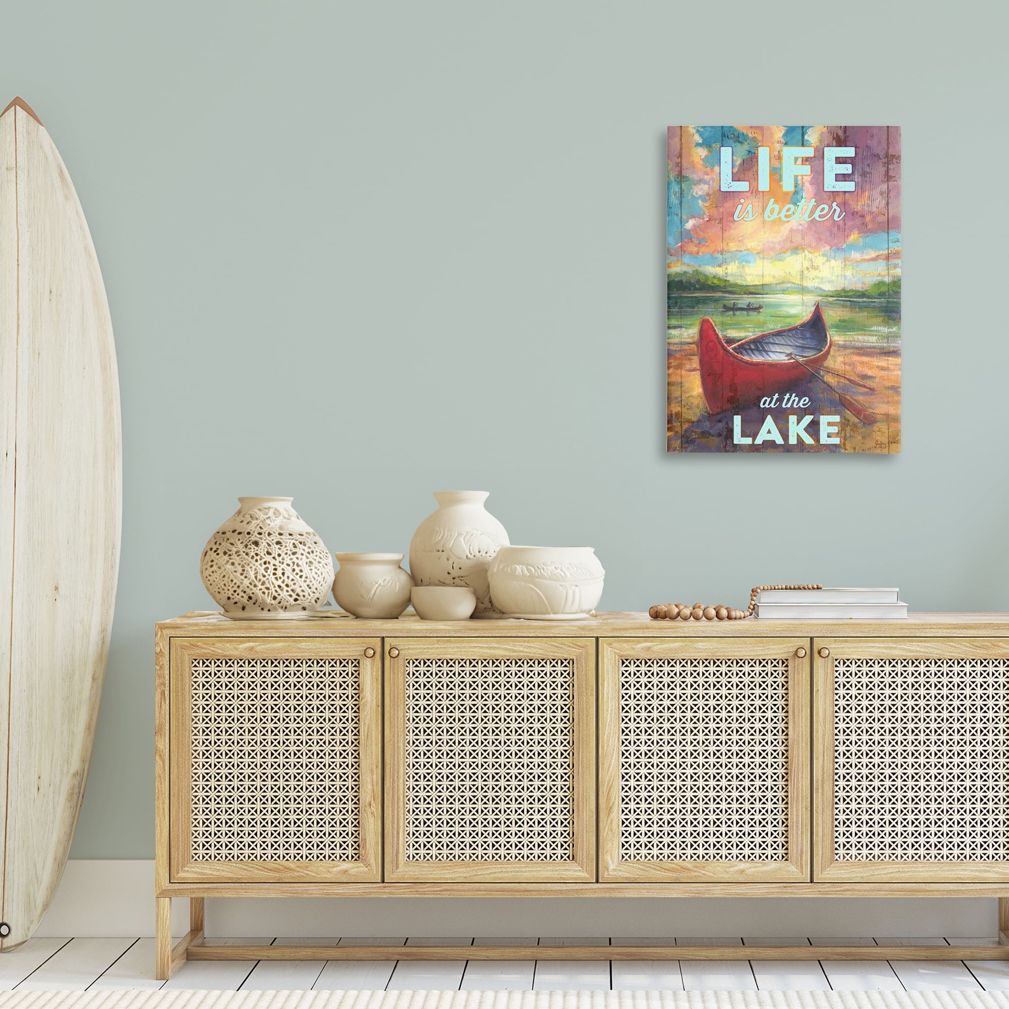Stupell Industries Life At Lake with Canoe Transportation Painting Wrapped Canvas Art Print Wall Art, 24 x 36