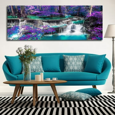 Waterfall Canvas Wall Art Purple Trees Forest Landscape Painting Picture Prints Black And White Purple Bathroom Bedroom Decoration Framless, 15.7 x 47.2 Inch