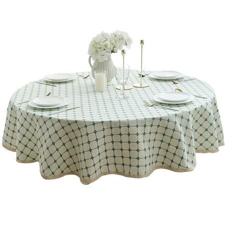 

Round Tablecloth Thicken Plaid Tablecloth With Lace cotton Linen Blend Table Cover For Kitchen Dining Room Balcony Outdoor Party -Blue-140CM