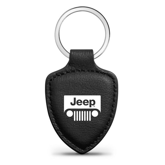iPick Image for Jeep Grill Logo Soft Real Black Leather Shield-Style Key Chain, Official Licensed