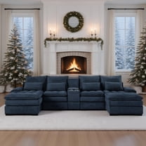 130" U-Shaped Modular Sectional Fluffy Couch, Oversized Cloud Couches with Storage Console & Cup Holders, Doll-Cotton Filling, Comfy Linen Sofa with Chaise, 6-Seater Deep Seat Sofa for Living Room