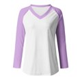 thumbnail image 4 of AXXD Purple Basic Sexy Shirts for Women Summer 2024 Ladies V Neck Loose Tops Casual Patchwork Color T-Shirts Long Sleeve Blouse, 4 of 4