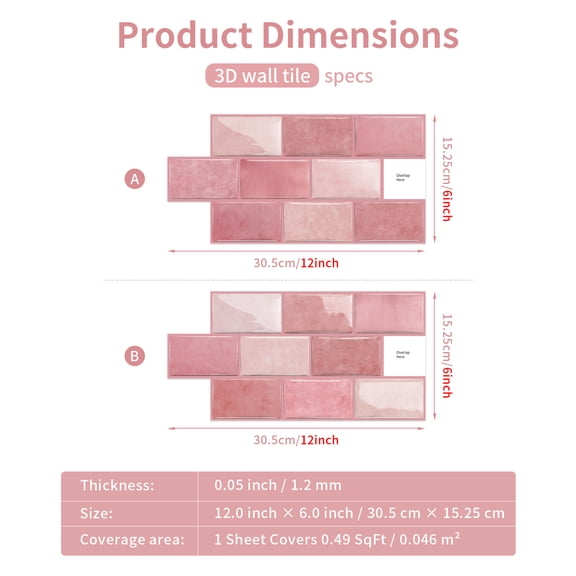Firefly Hope 6-Sheet 6"×12" Peel and Stick Subway Tiles, Waterproof Self-Adhesive Backsplash for Kitchen & Bathroom DIY Decor, Pink