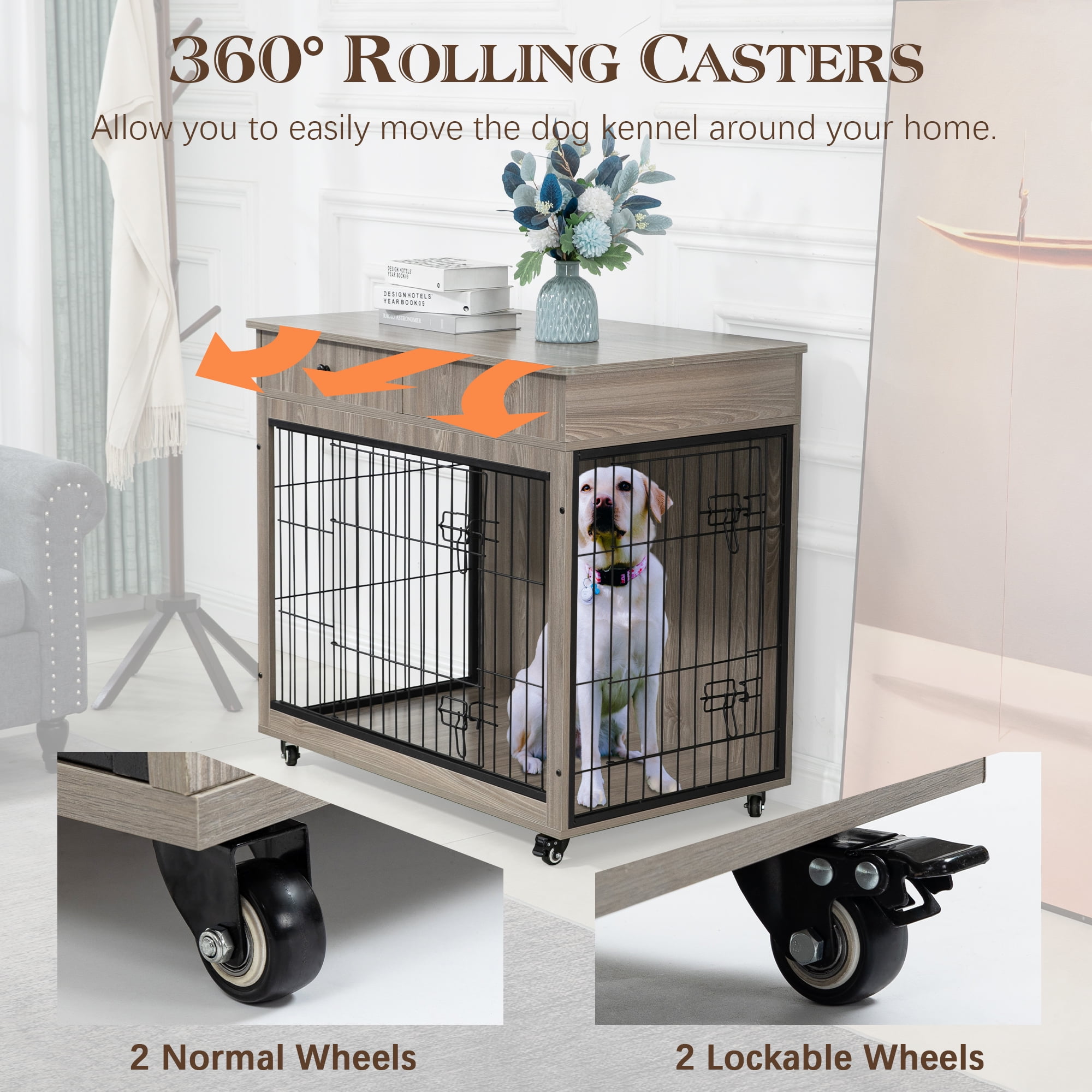 Pefilos 38" Wooden Dog Crate Furniture, Dog Kennel with Drawer, Indoor Dog House for Large Dog, Steel-Wire Dog Cage, Chew-Proof, Gray Pefilos 38" Wooden Dog Crate Furniture, Dog Kennel with Drawer, Indoor Dog House for Large Dog, Steel-Wire Dog Cage, Chew-Proof, Gray